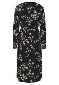 Black dress featuring long sleeves, a fitted waist, and a floral pattern with white and colorful leaves. Smooth fabric with a flowing design.