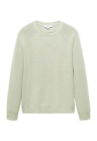 Hellgrüner Strickpullover mit langen Ärmeln, rundem Ausschnitt sowie gerippten Bündchen und Saum. Verfügt über ein Raglanärmel-Design und eine strukturierte Oberfläche.