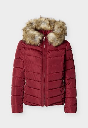 Rote gesteppte Winterjacke mit Frontreißverschluss, seitlichen Reißverschlusstaschen und Kapuze mit braunem Künstlichpelzbesatz gefüttert.