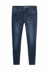 Mörkblå denim skinny jeans har en klassisk design med fem fickor, subtil fading och sömnadsdetaljer längs sömmarna och fickorna.