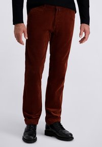 Brown corduroy pants with vertical ribbing, featuring a classic fit and subtle front pockets, paired with black leather lace-up shoes.