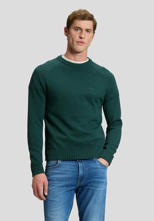 Junger Mann mit dunkelgrünem Rundhalspullover und blauen Jeans steht mit einer Hand in der Tasche vor einem schlichten, hellgrauen Hintergrund.