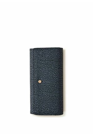Black and gray speckled rectangular wallet with a single gold button closure, shown closed on a white background.