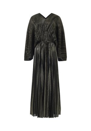Gelaagde lange jurk in donkergroene en zwarte metallic stof, met een V-hals en kimono-mouwen, en een gerimpelde taille voor vorm.