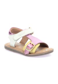Sandalias de cuero rosas y amarillas con una correa de velcro, detalle de hebilla y una suela beige. El interior presenta un patrón floral.