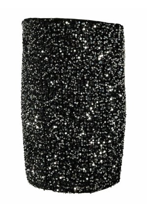 Zwarte pailletten tube rok met een aansluitend ontwerp. Het beschikt over een dichte rangschikking van glanzende zwarte en zilveren pailletten voor extra textuur.