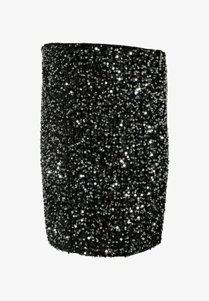 Zwarte pailletten tube rok met een aansluitend ontwerp. Het beschikt over een dichte rangschikking van glanzende zwarte en zilveren pailletten voor extra textuur.