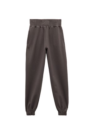 Ciemnoszare spodnie dresowe z elastycznym pasem i elastycznymi mankietami. Posiadają boczne kieszenie oraz gładką, miękką teksturę materiału.