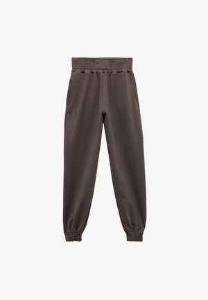 Donkergrijze joggingbroek met een elastische tailleband en elastische boorden. Voorzien van zijzakken en een gladde, zachte stofstructuur.