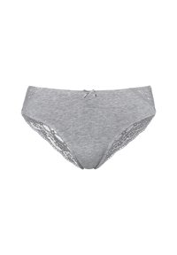 Slip in cotone grigio con dettagli in pizzo sui lati, caratterizzato da un piccolo fiocco in raso in vita. Morbida texture con una forma aderente.