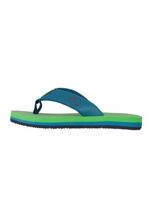 Single green and blue flip-flop sandal with a thick sole and wide blue strap across the top, isolated on a white background.