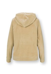 Beige hoodie van zachte stof gezien vanaf de achterkant, met lange mouwen, een capuchon en ribgebreide manchetten en zoom.