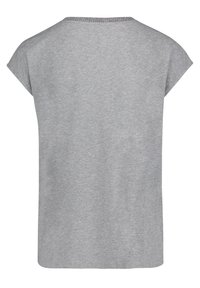 Top grigio a maniche corte realizzato in tessuto morbido, con scollatura rotonda e vestibilità rilassata con orlo dritto. Nessun motivo o dettaglio visibile.