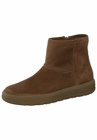 Brune ruskinds ankelstøvler med en glat overflade, rund tå og gummisål. Har en lynlås i siden for nem påklædning.