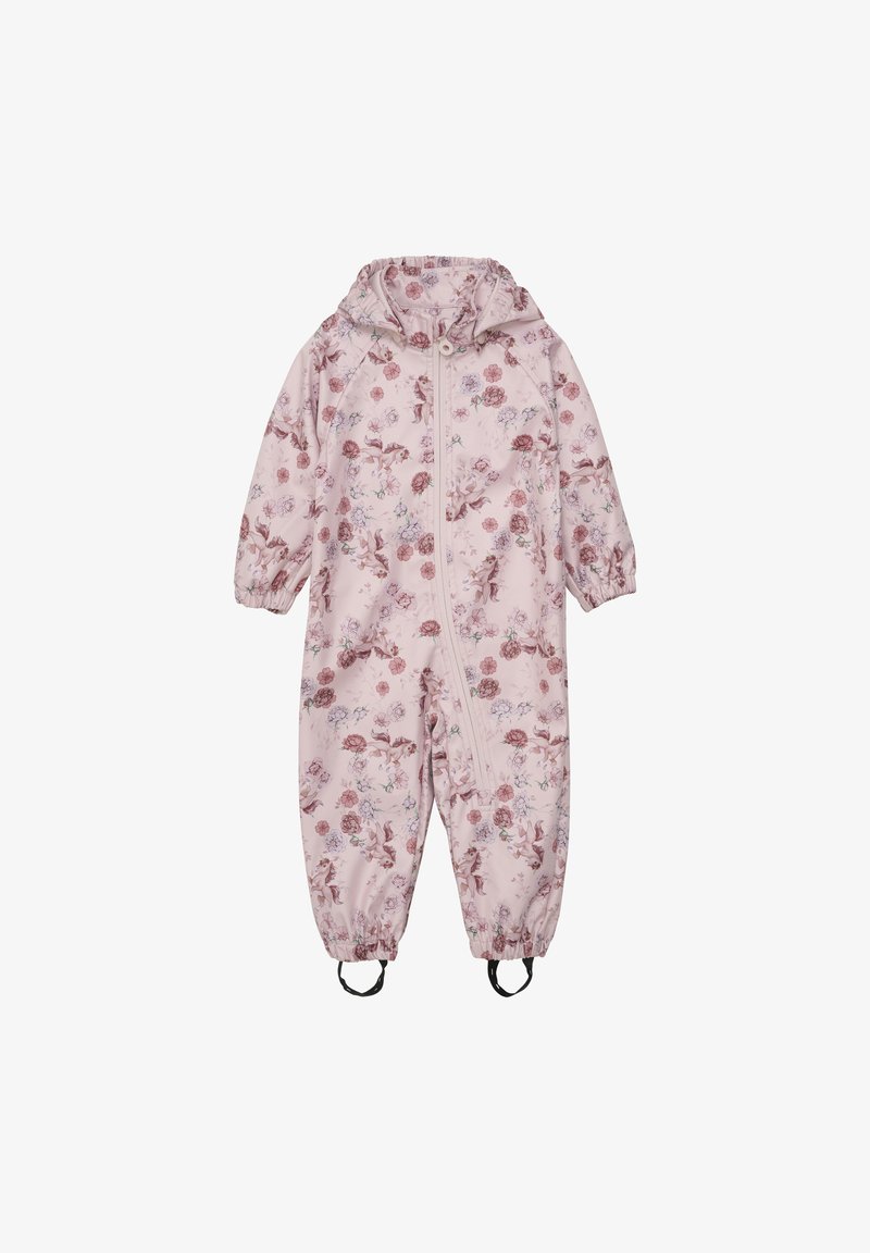 Roze bloemenregenpak met een capuchon, ritssluiting, elastische manchetten en beenbandjes. Heeft een patroon van bloemen en kleine dieren.