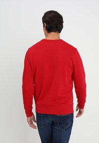 Rode katoenen trui met ronde hals, lange mouwen en een geribde zoom. Draagt een blauwe spijkerbroek, gezien van achteren tegen een witte achtergrond.