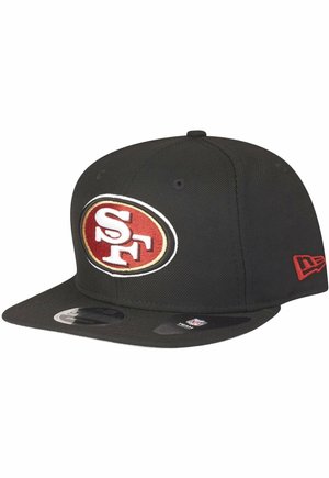 Black cap with flat brim and embroidered red and white "SF" logo. Features a structured design and a small logo on the side.