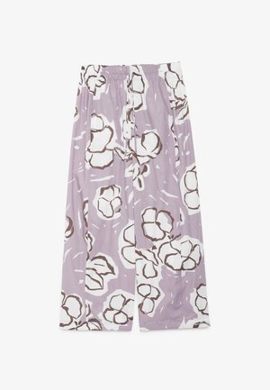 Pantalones de pierna ancha con base lavanda y grandes patrones florales abstractos en blanco y marrón, con cintura elástica y cordón.