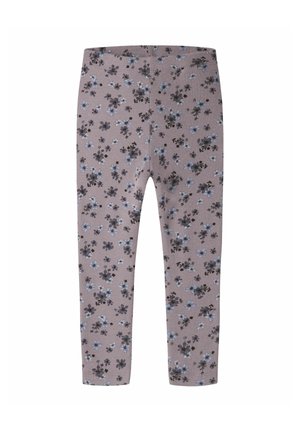 Leggings slim pour enfants avec un fond taupe et de petits motifs floraux bleus et noirs partout.