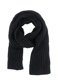 Zwarte gebreide sjaal met een gestructureerd ribbelpatroon, opgerold in een lus, gemaakt van een dikke, warme stof die geschikt is voor koudere weersomstandigheden.