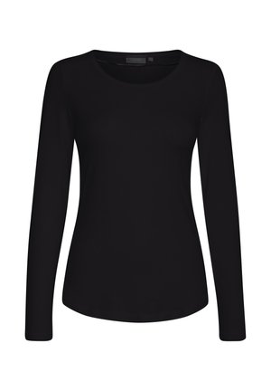 Melns sieviešu tops ar garām piedurknēm, apaļu kakla izgriezumu, pieguļošu siluetu un gludu audumu, attēlots uz balta fona.