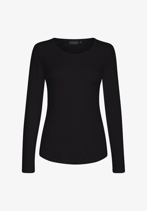 Črna ženska majica z dolgimi rokavi, okroglim izrezom, oprijeto silhueto in gladkim materialom, prikazana na belem ozadju.