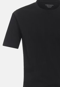 Zwarte korte mouw crew neck t-shirt gemaakt van premium katoen, maat medium, met zichtbaar merklabel "Casa Moda" in de kraag.