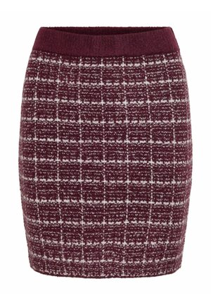 Burgundy skirt with a textured pattern, featuring a fitted shape and a thick, elastic waistband. Checks of white and light gray throughout.