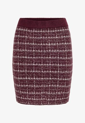 Gonna bordeaux con un motivo testurizzato, caratterizzata da una forma aderente e una cintura elastica spessa. Contiene scacchi bianchi e grigi chiari.