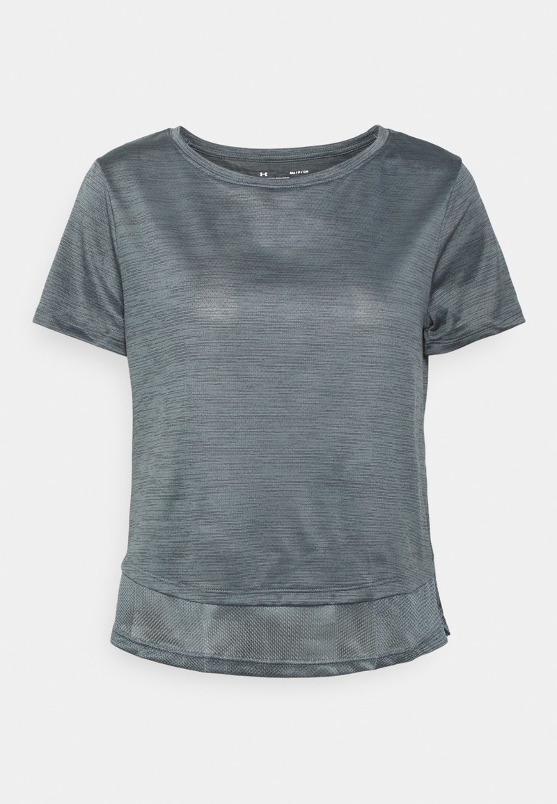 Dark gray short-sleeve athletic T-shirt with subtle horizontal stripes and a slightly curved mesh hem at the bottom.