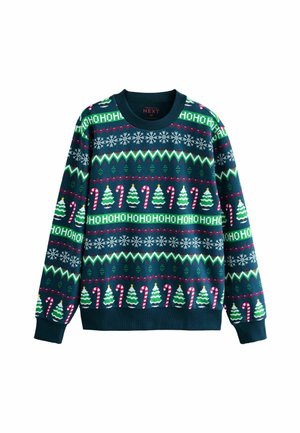 Mörkblå tröja med julmönster, inklusive röda och vita godiskäppar, gröna träd, snöflingor och "HOHOHO"-text i grönt och rött.