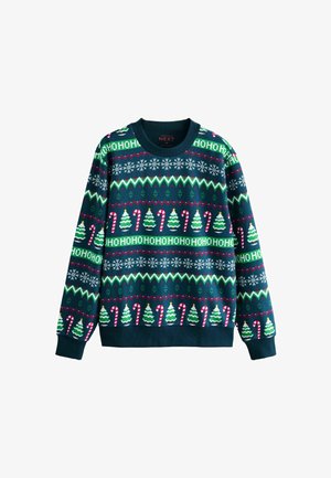 Mornarsko modra jopica z božičnimi motivi, vključno z rdečimi in belimi sladkorčki, zelenimi drevesi, snežinkami ter besedilom "HOHOHO" v zeleni in rdeči barvi.