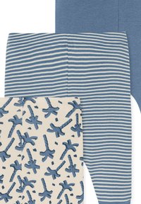 Drie paar leggins: één effen blauw, één blauw met witte strepen en één crèmekleurig met een blauw palmbomenpatroon. Ze zijn allemaal van zachte stof.