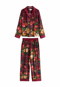 Floral pajama set featuring a long-sleeve top with a plaid pattern and floral accents, complemented by elastic-waist pants in matching design.
