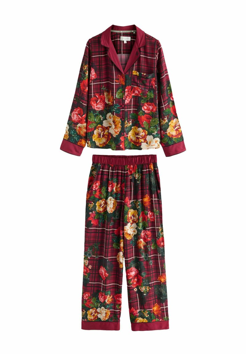 Floral pajama set featuring a long-sleeve top with a plaid pattern and floral accents, complemented by elastic-waist pants in matching design.