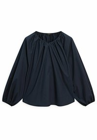 Marinblå blus med långa ärmar, rund halsringning, samlade detaljer och elastiska manschetter. Slätt tyg med flytande silhuett.