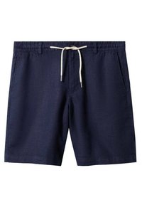 Navy blue men's shorts with elastic waistband, white drawstring, two side pockets, and mid-thigh length.