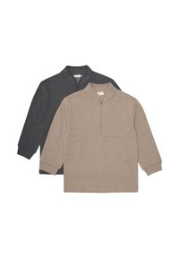 Zwei Sweatshirts mit Reißverschlusskragen in Dunkelgrau und Beige, aus weichem Stoff mit langen Ärmeln und gerippten Bündchen, im Farbmix-Design.