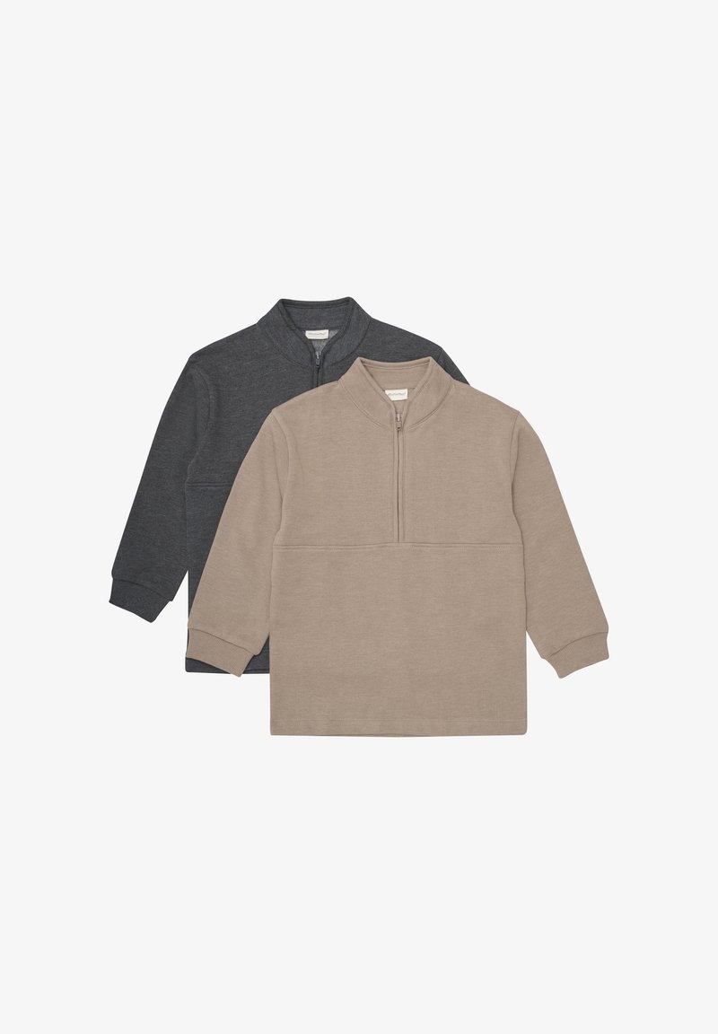 Twee sweatshirts met ritssluiting in het donkergrijs en beige, gemaakt van zachte stof met lange mouwen en geribde boorden, met een kleurblokontwerp.