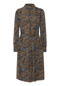 Braunes Hemdkleid mit einem lebendigen, abstrakten Muster in Blau und Beige. Verfügt über lange Ärmel, eine taillierte Taille und eine lockere Passform.