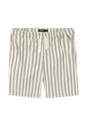 Stribede shorts i lyse beige og grå, fremstillet af blødt stof. Har en elastisk talje, snøre og sidelommer.