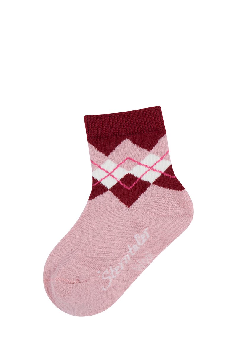 Pink baby sock with maroon, white, and dark pink argyle pattern and a maroon cuff.