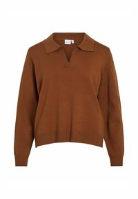 Suéter marrón de punto con cuello en V, mangas largas y puños y dobladillo acanalados, con una textura suave y un corte relajado.