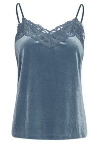 Blå sammets-camisole med spetsdetaljer runt halslinningen, tunna justerbara axelband och en avslappnad passform. Slät textur och subtil lyster.