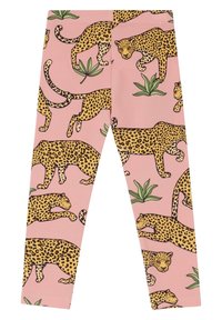 Rosa leggings med ett leopardmönster i gult och svart, kompletterat med gröna bladmönster genom hela tyget.