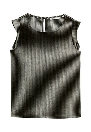 Top senza maniche a strisce nere e crema con scollatura rotonda e dettaglio chiave sul retro. Realizzato in tessuto leggero, presenta bordi delle spalle arricciti.