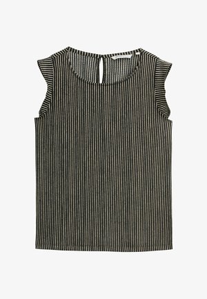 Fekete és krém csíkos, ujjatlan felső kerek nyakkivágással és hátul kulcslyuk részlettel. Könnyű anyagból készült, fodros vállszegélyekkel.