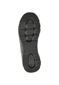 Semelle de chaussure en caoutchouc noir avec des motifs de semelle profonds, présentant des rainures texturées et une zone de rembourrage douce sous l'arche. "Skechers" en relief.