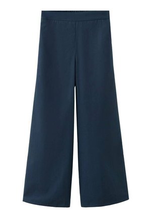 Marineblaue Hosen mit weitem Bein und elastischem Bund. Hergestellt aus einem glatten, leichten Stoff, mit einer legeren Silhouette und ohne sichtbare Nähte.