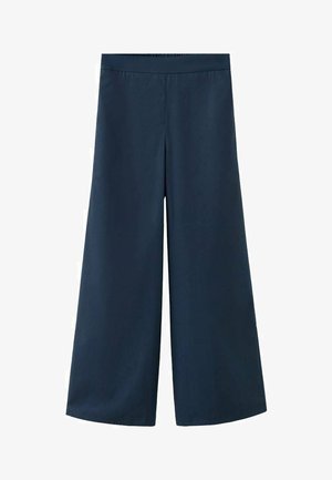 Marineblaue Hosen mit weitem Bein und elastischem Bund. Hergestellt aus einem glatten, leichten Stoff, mit einer legeren Silhouette und ohne sichtbare Nähte.